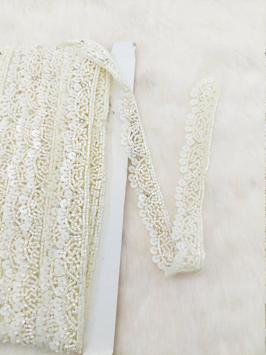 White Net Bridal Trim In White Beaded Embroidery, Hand Embroidered Bead Lace, Embroidered Lace